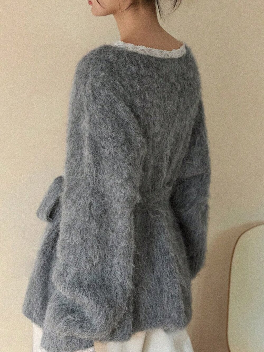 Grey Casual Women's V-Neck Long Sleeve Loose Fuzzy Sweater - Picture 2 of 9